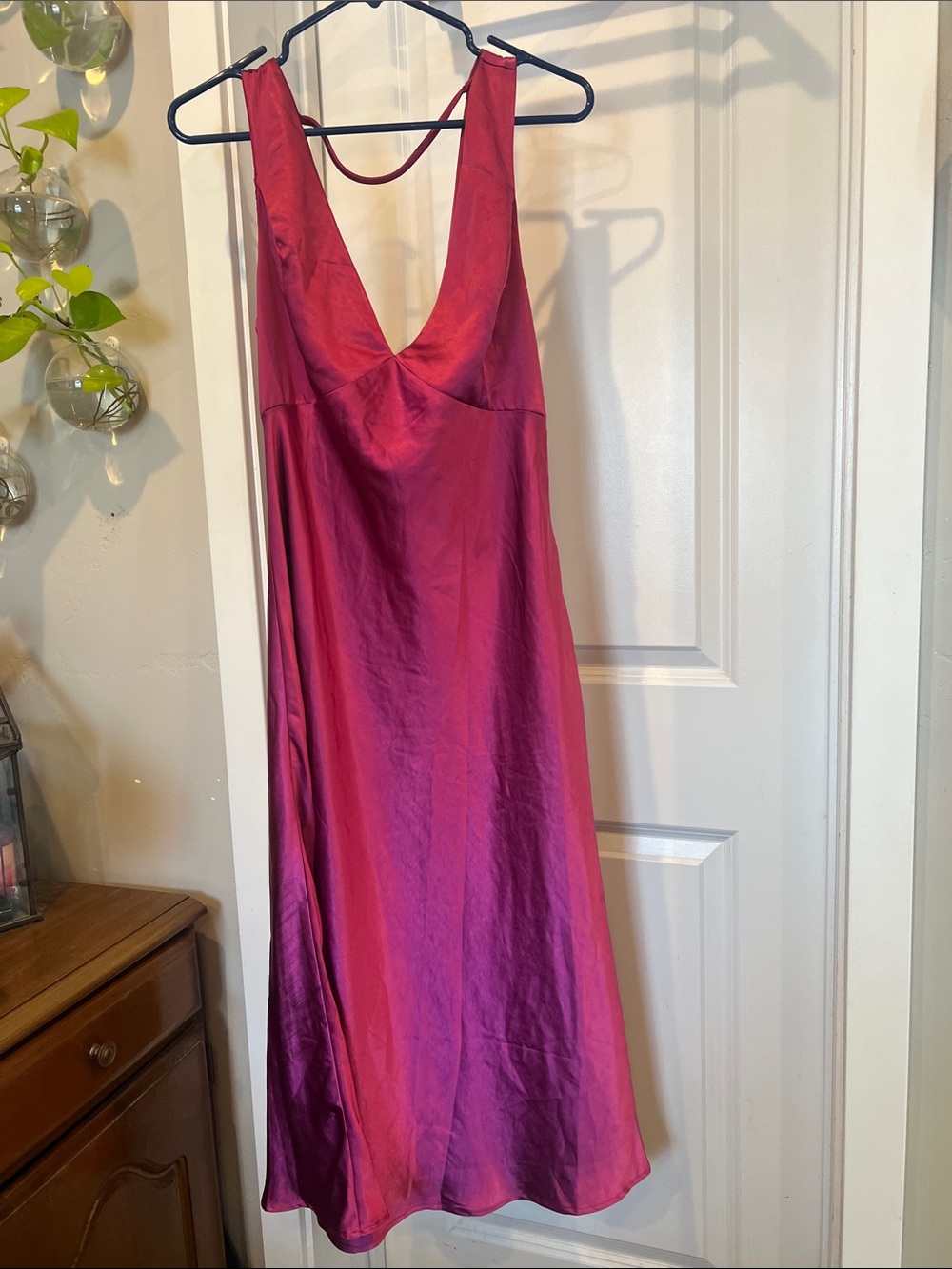 Lulu's Satin Magenta Slip Dress with Deep V